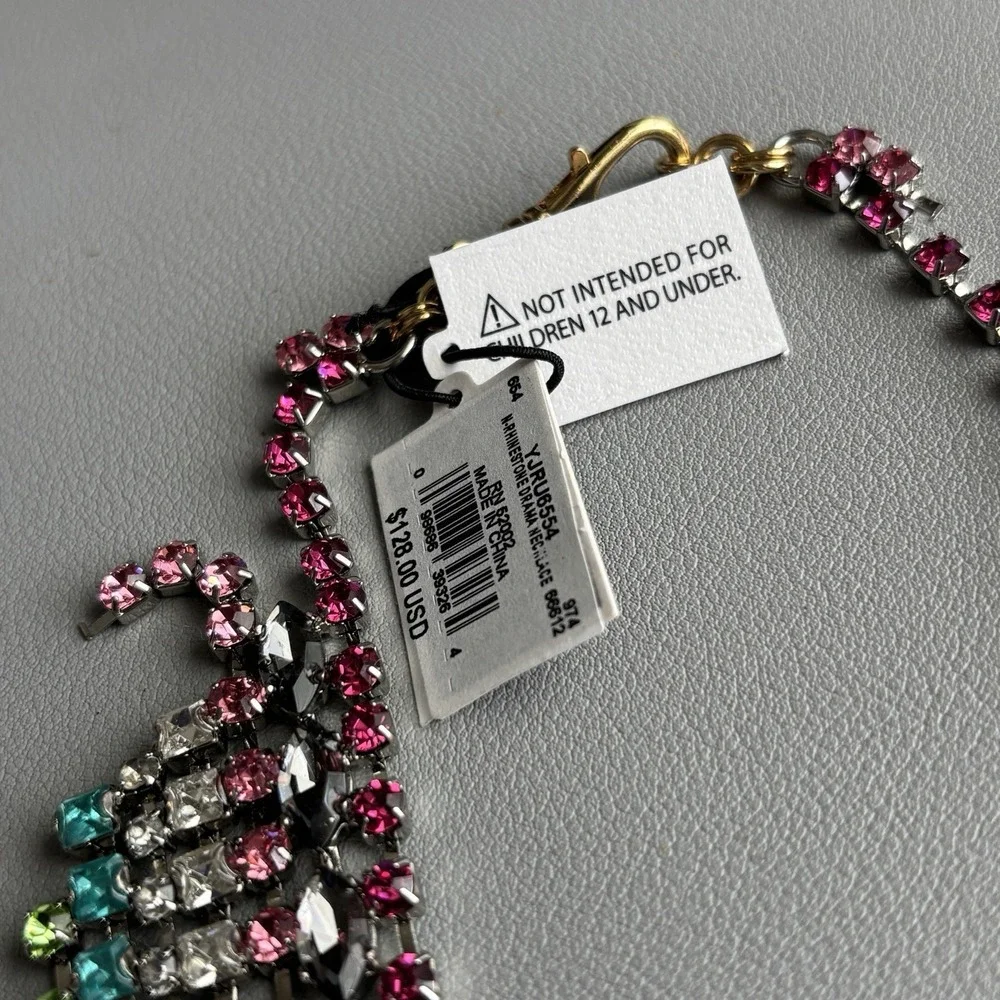 Vintage Juicy Couture Pink Green Rhinestone Statement Bib Necklace 15